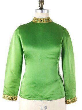 Vintage 60s Top Green Satin Gold Cocktail Evening Blouse Morton Myles for Malcol